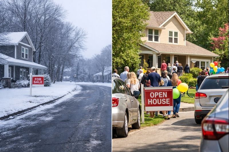 Winter home for sale compared with a crowded warm-weather open house in Mansfield, Ohio
