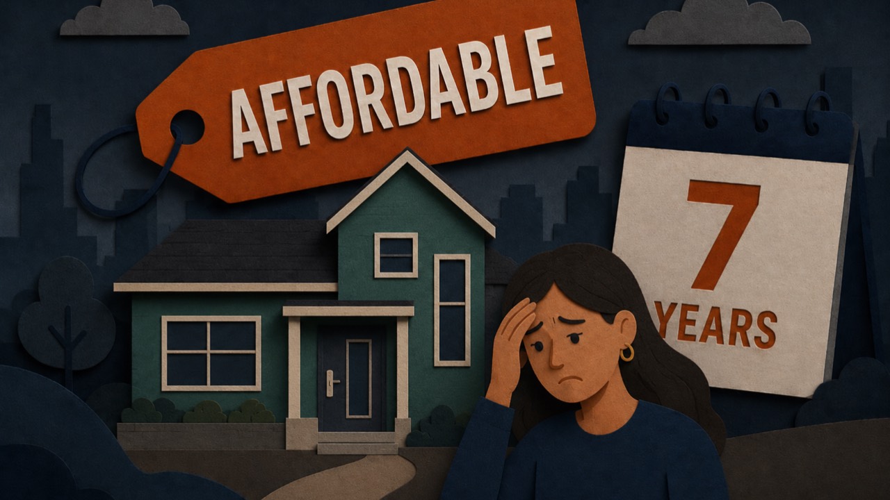 Housing affordability graphic with a home, worried buyer, and seven-year timeline for Mansfield buyers.