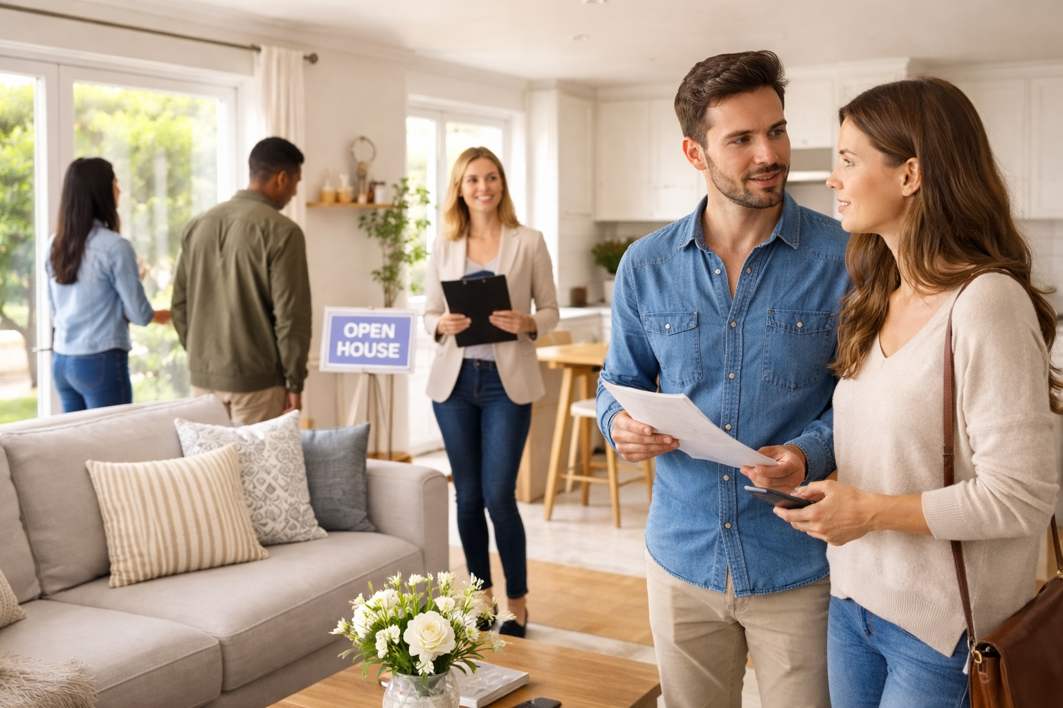 Home sellers speaking with a real estate agent during a Mansfield, Ohio open house.