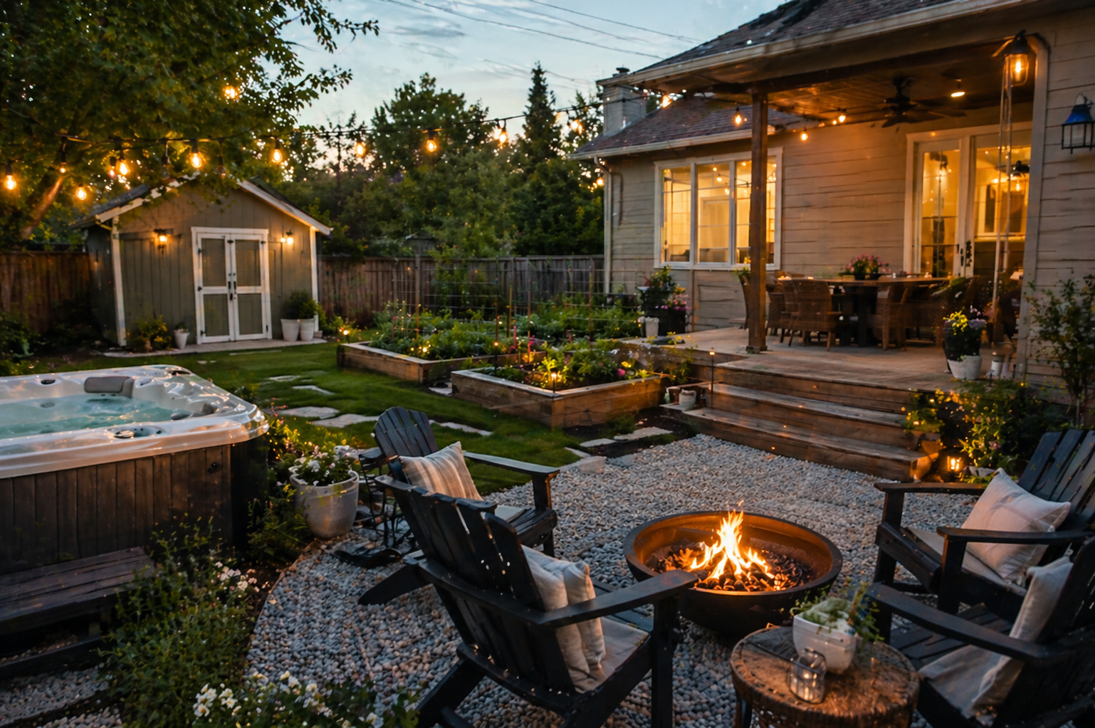 Upgraded Mansfield, Ohio backyard with a firepit, seating, garden beds and a hot tub.