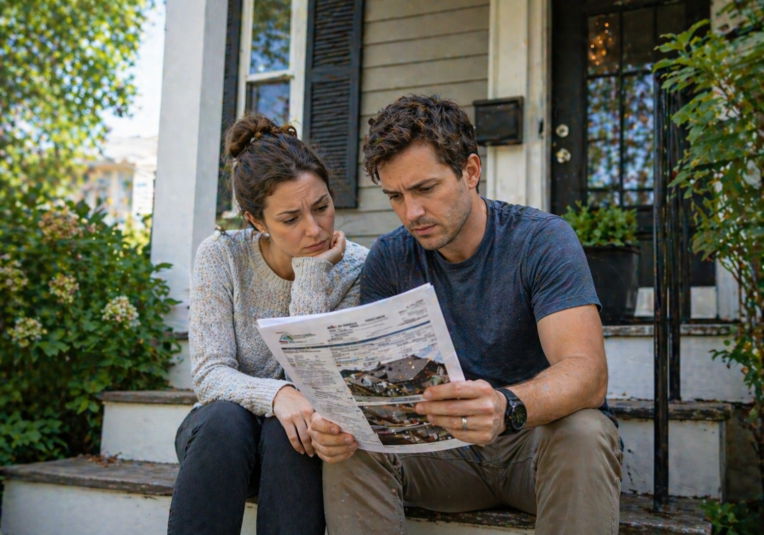 Mansfield, Ohio homeowners reviewing an unexpected home repair estimate.