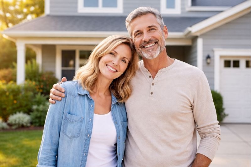 Mortgage-free homeowners standing in front of their Mansfield, Ohio home