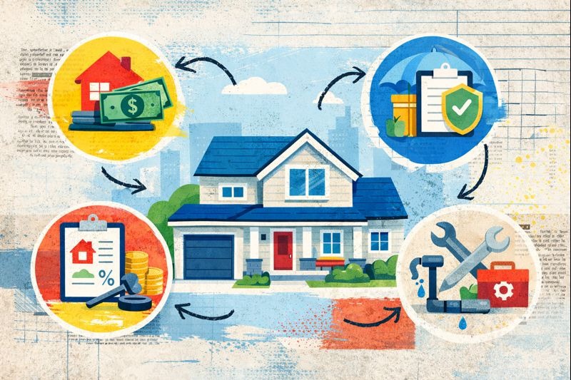 Illustration of homeownership expenses including mortgage, insurance, taxes, and maintenance
