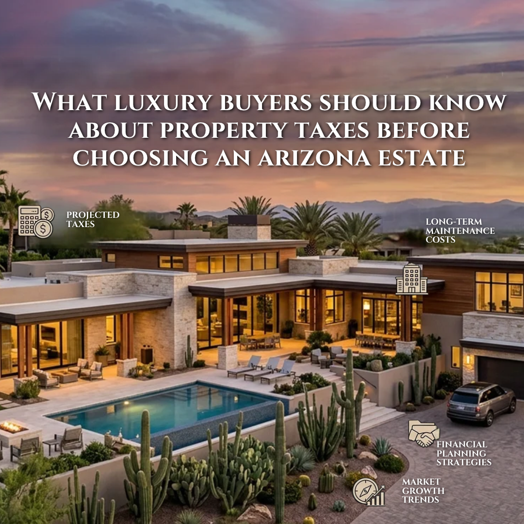 Elegant Arizona luxury estate representing property tax considerations, long-term ownership costs, and financial planning for high-end home buyers overlaid with What Luxury Buyers Should Know About Property Taxes Before Choosing an Arizona Estate