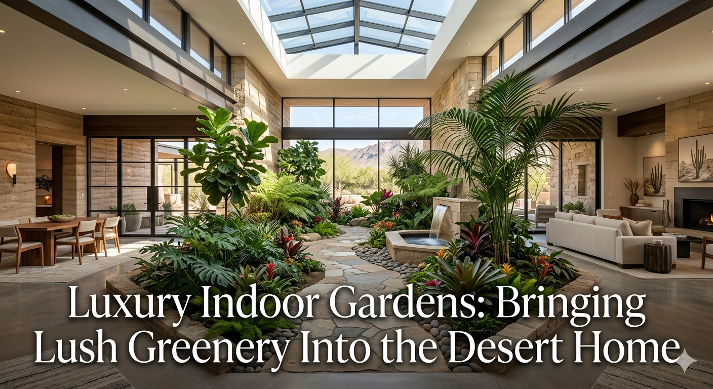  Luxury Arizona home interior featuring a lush indoor garden atrium with tropical plants, natural light from skylights, stone pathways, and modern desert architecture, overlaid with the text: “Luxury Indoor Gardens: Bringing Lush Greenery Into the Desert Home”