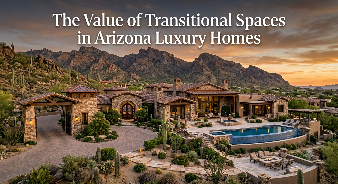  Arizona luxury home featuring a covered courtyard, retractable glass walls, outdoor living room, and seamless indoor-outdoor transition overlooking desert landscaping and mountain views, illustrating the value of transitional spaces in luxury home design, overlaid with the text: “The Value of Transitional Spaces in Arizona Luxury Homes” 