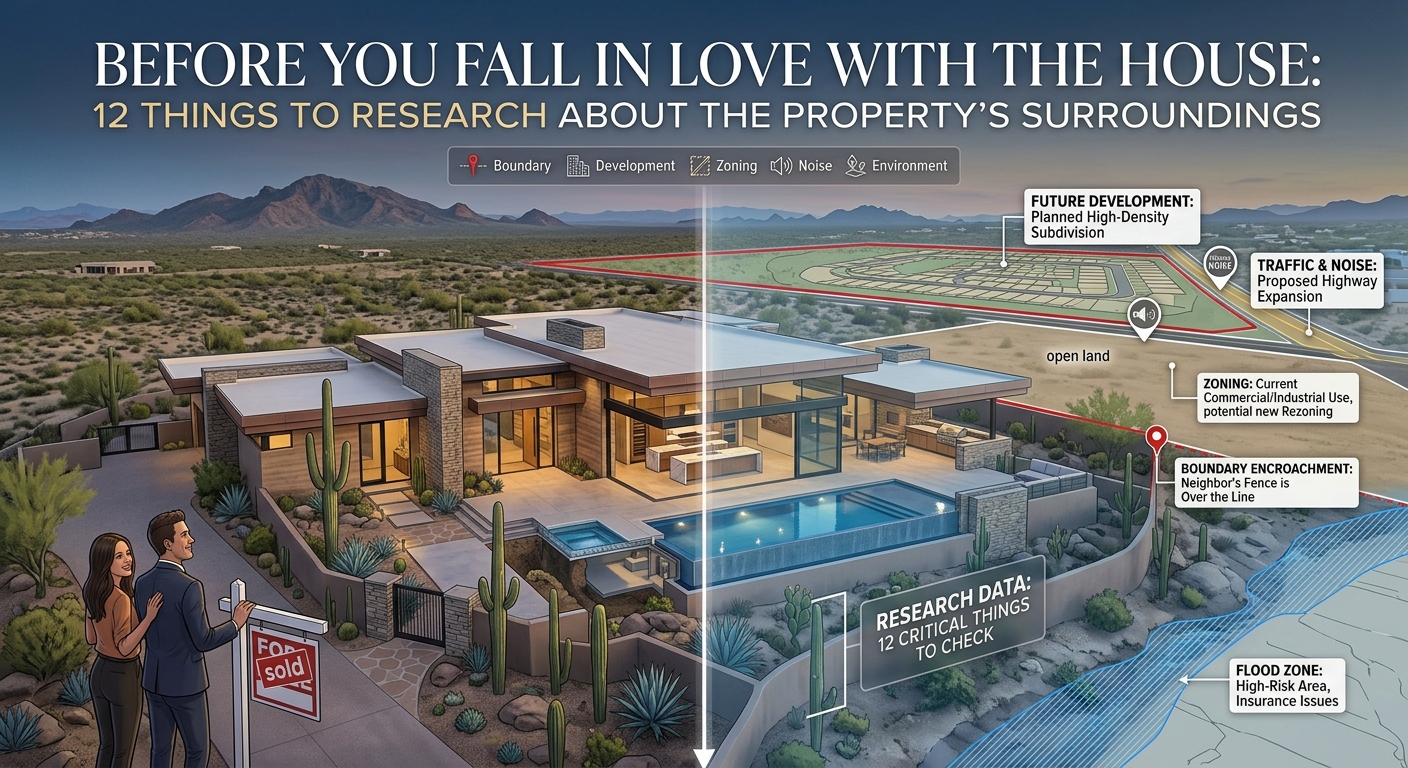  Arizona luxury home surrounded by desert landscape, neighboring properties, mountain views, roads, and open land, illustrating the importance of researching a luxury property's surroundings before buying. with overlaid text: Before You Fall in Love With the House: 12 Things to Research About the Property’s Surroundings 