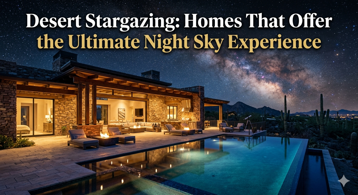 Luxury Arizona desert home with open patio and infinity pool under a clear night sky filled with stars and the Milky Way, representing desert stargazing lifestyle in Scottsdale luxury real estate, overlaid with the text: “Desert Stargazing: Homes That Offer the Ultimate Night Sky Experience”