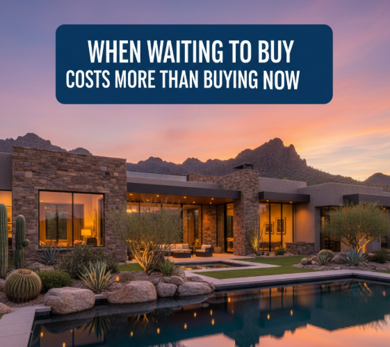 Arizona luxury home with desert landscaping and mountain views at sunset, overlaid with the text: “WHEN WAITING TO BUY COSTS MORE THAN BUYING NOW”