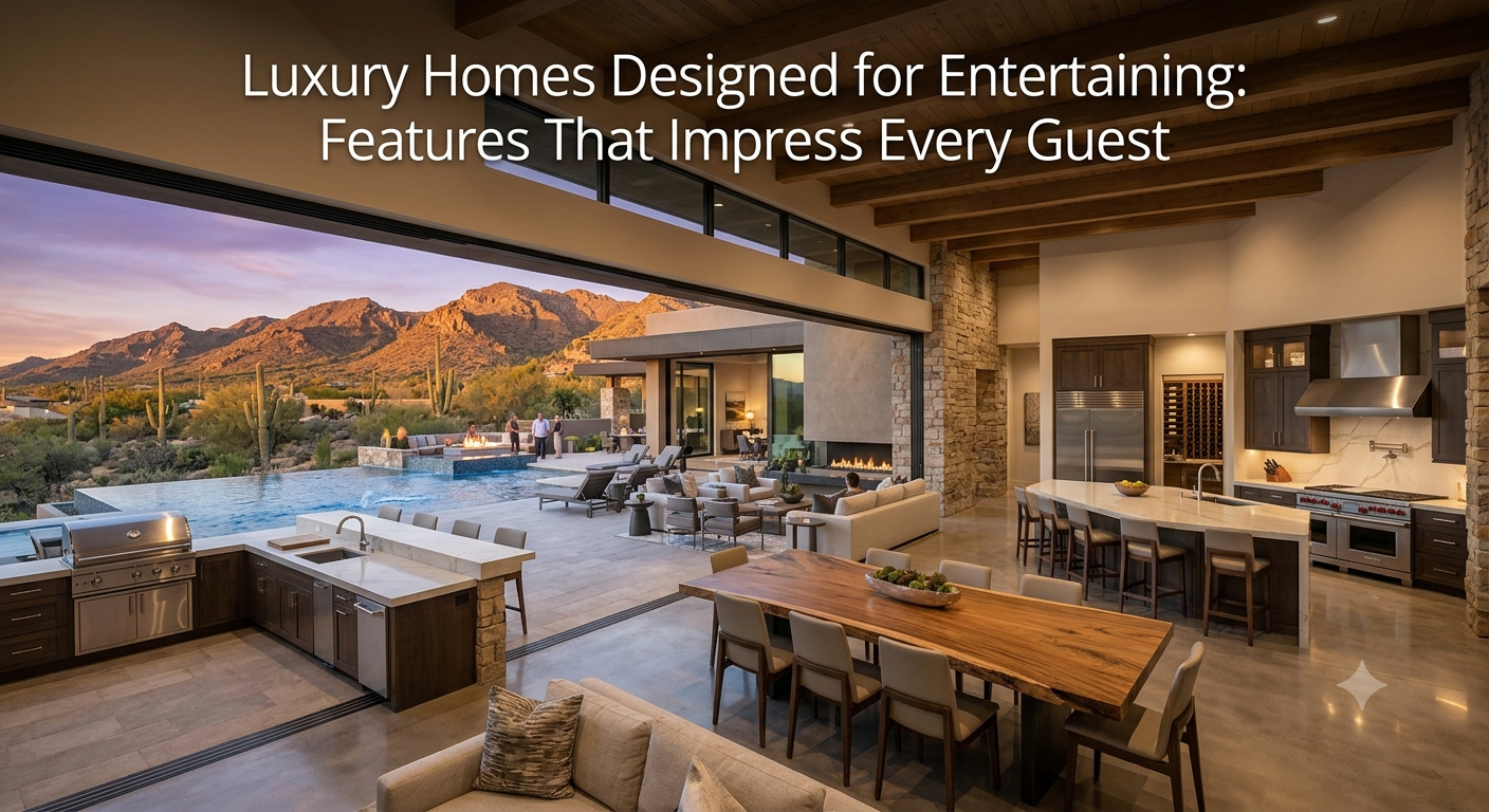 Elegant Arizona luxury home featuring an open-concept great room, chef's kitchen, resort-style backyard with infinity pool, outdoor kitchen, fire pit, and mountain views, showcasing the premium features that make luxury homes ideal for entertaining family and guests, overlaid with the text: “Luxury Homes Designed for Entertaining: Features That Impress Every Guest.”