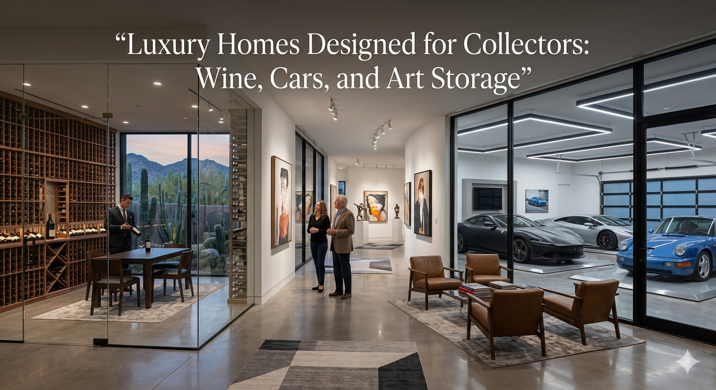 Ultra-luxury Arizona estate interior featuring glass-enclosed wine cellar, climate-controlled art gallery hallway, and modern car showroom garage with luxury vehicles on display, overlaid with the text: “Luxury Homes Designed for Collectors: Wine, Cars, and Art Storage”