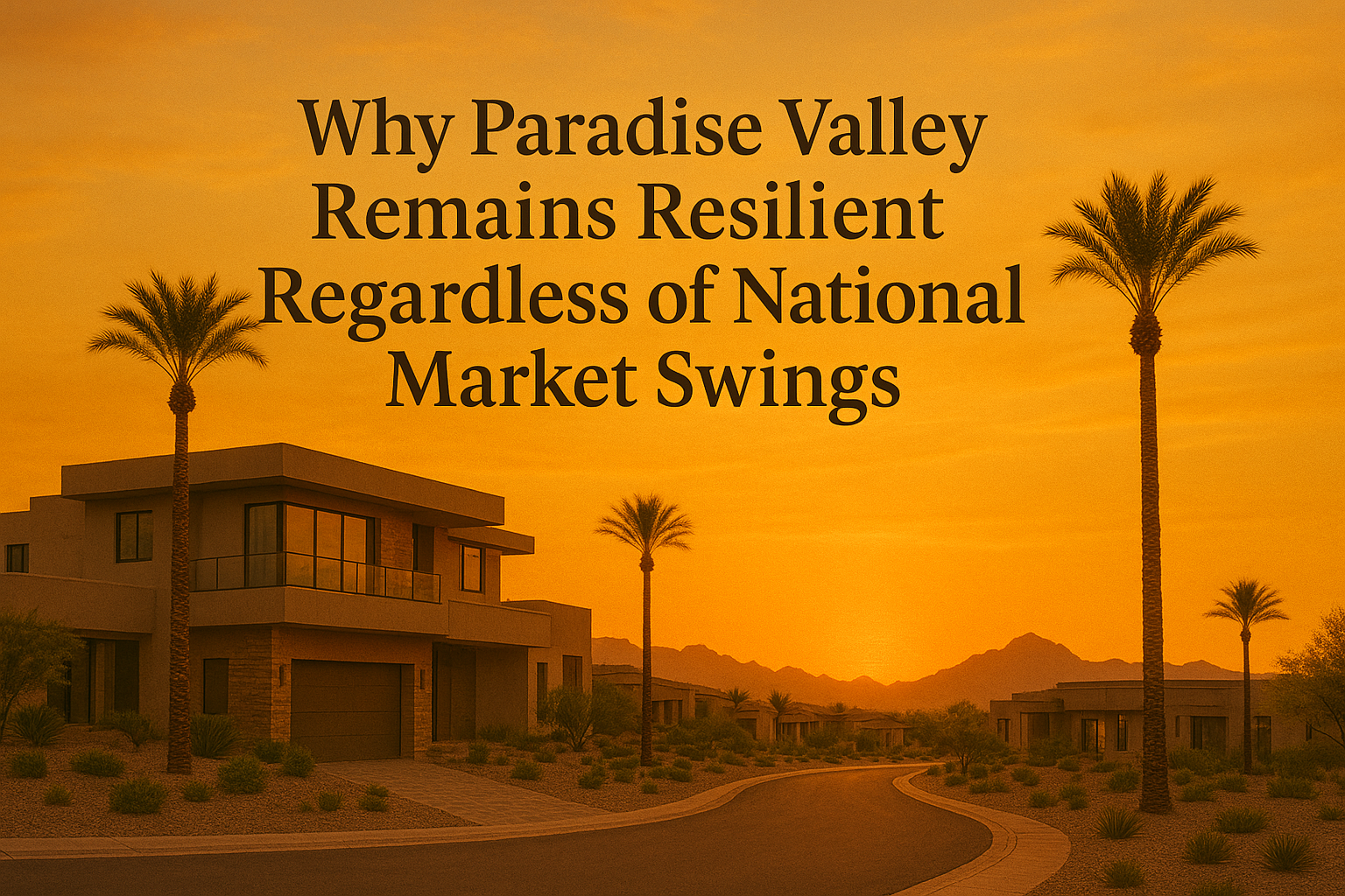 Elegant desert neighborhood at sunset featuring modern luxury homes, palm trees, and a warm golden sky, overlaid with the text: Why Paradise Valley Remains Resilient Regardless of National Market Swings