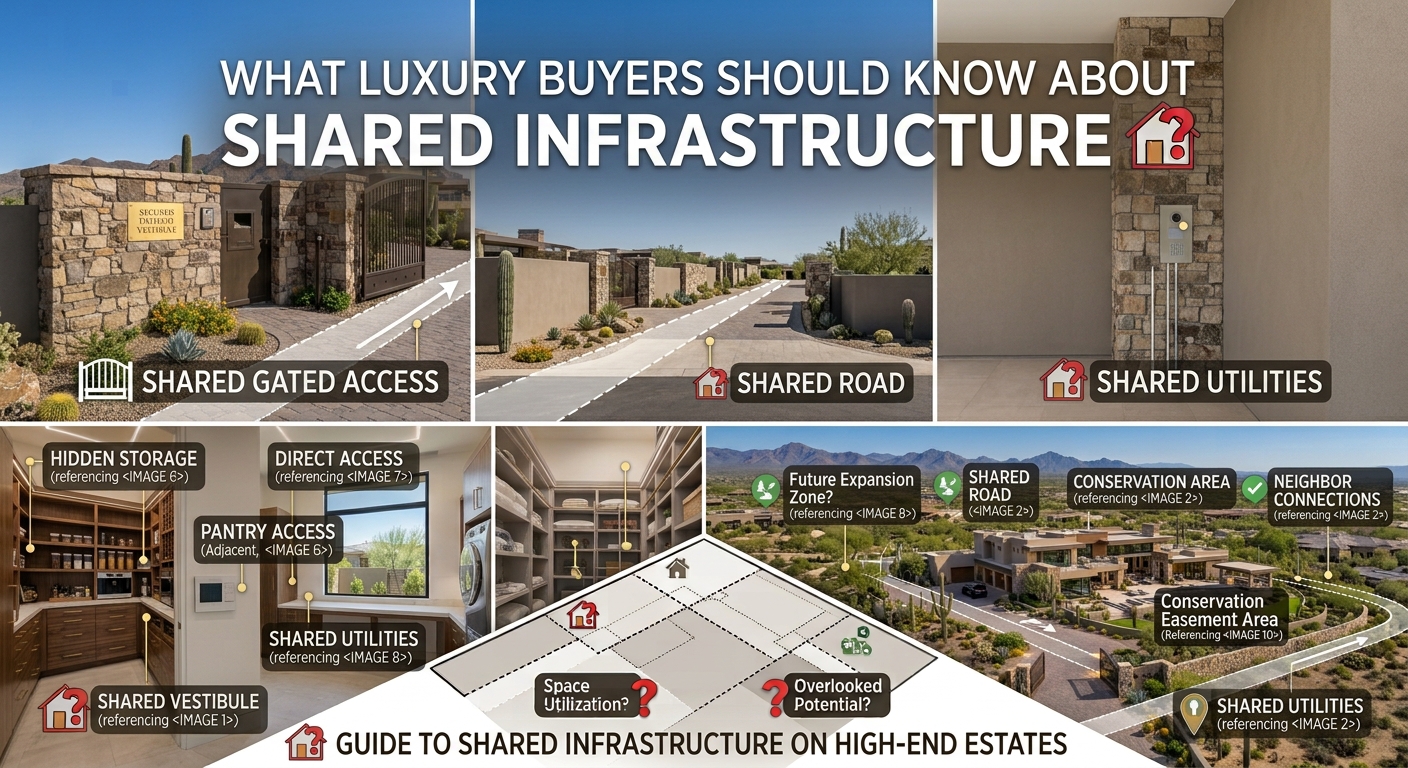 Elegant Arizona luxury estate with shared private road, boundary walls, gated access, and surrounding infrastructure connecting neighboring properties overlaid with text: What Luxury Buyers Should Know About Shared Walls, Shared Roads, and Shared Infrastructure