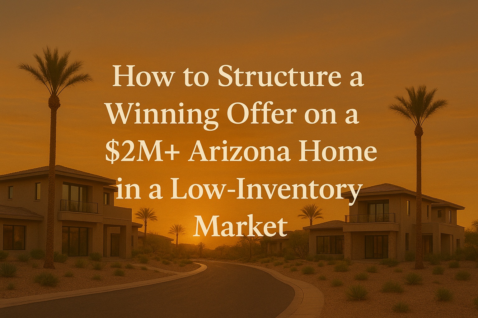 Elegant desert neighborhood at sunset featuring modern luxury homes, palm trees, and a warm golden sky, overlaid with the text:The East Valley Luxury Investor’s Guide: Cash Flow, Appreciation, and Wealth Leverage