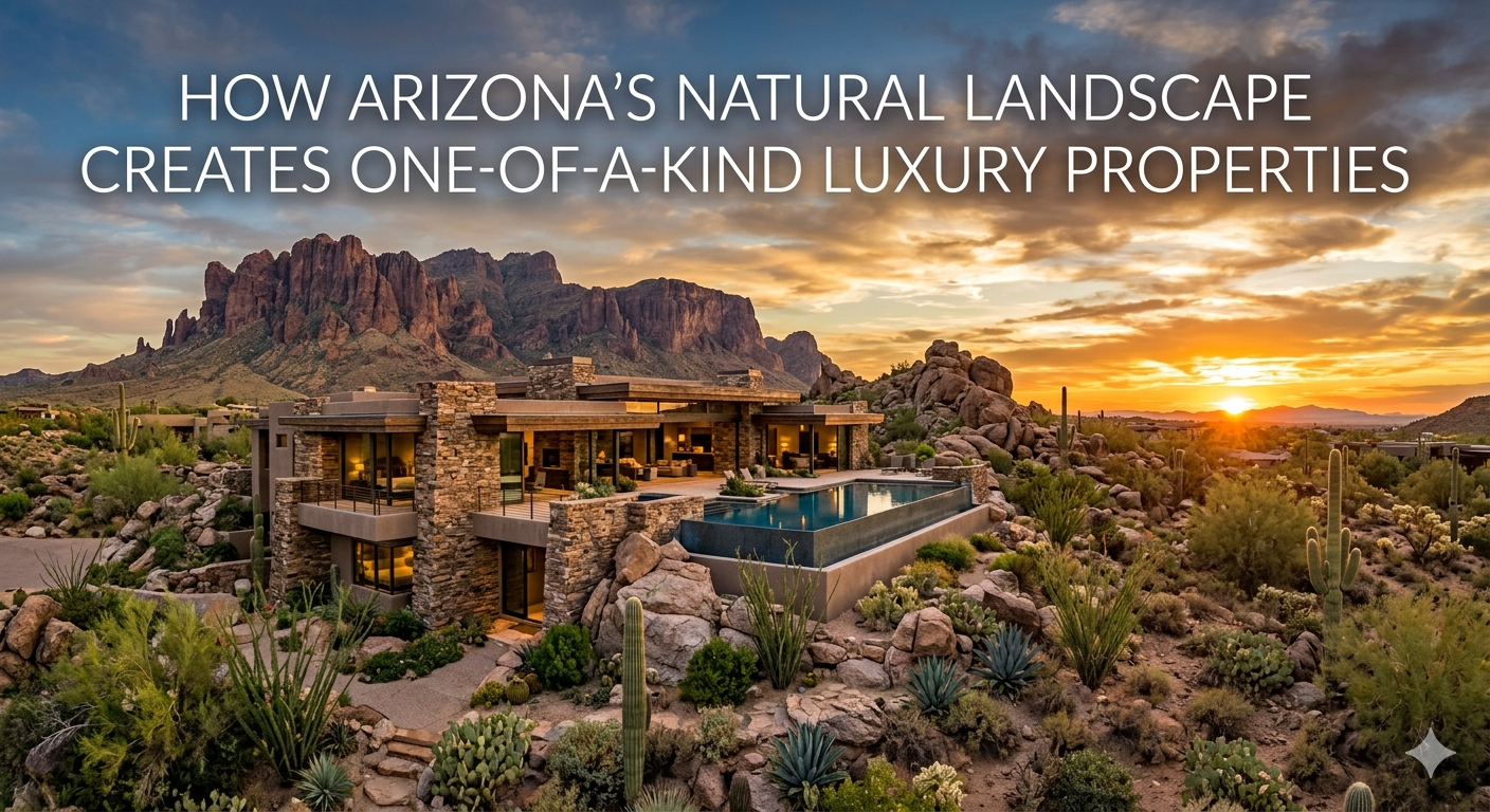 Arizona luxury home set against dramatic desert landscape featuring mountain views, natural rock formations, native desert vegetation, and expansive sunset skies, illustrating how the natural environment creates one-of-a-kind luxury properties, overlaid with the text: “How Arizona’s Natural Landscape Creates One-of-a-Kind Luxury Properties” 