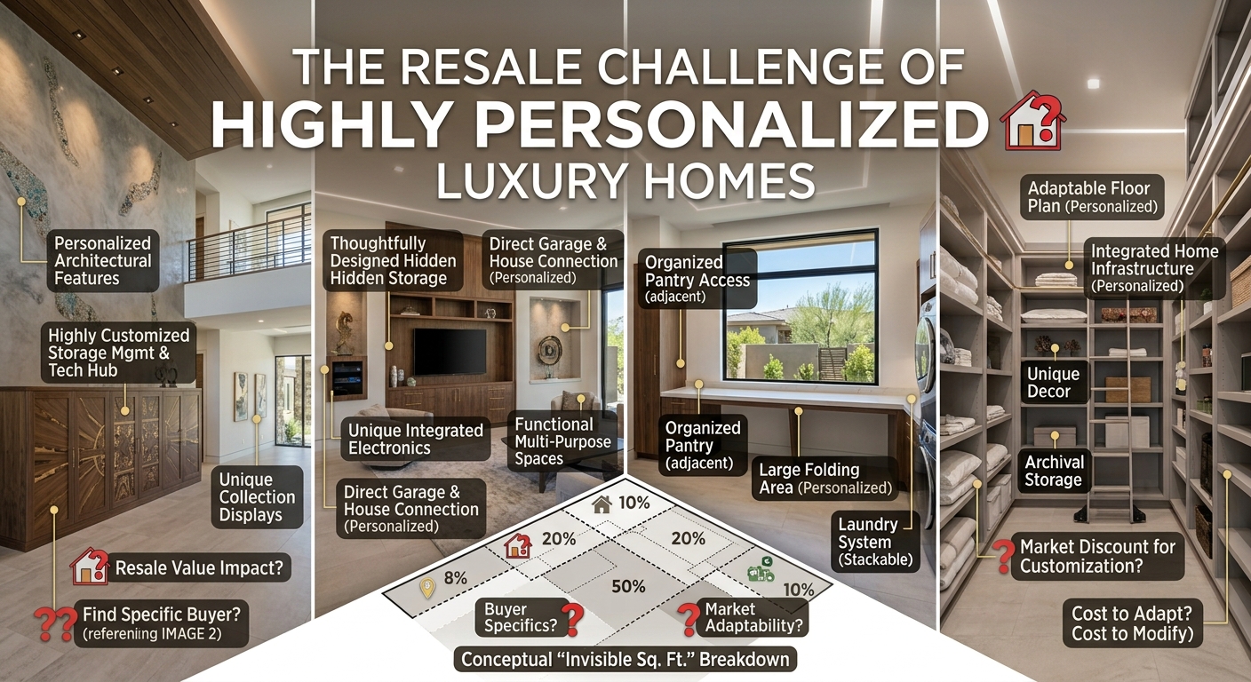 Sophisticated Arizona luxury estate with highly customized interior design, flexible living spaces, premium finishes, and personalized architectural features overlaid with text: The Resale Challenge of Highly Personalized Luxury Homes