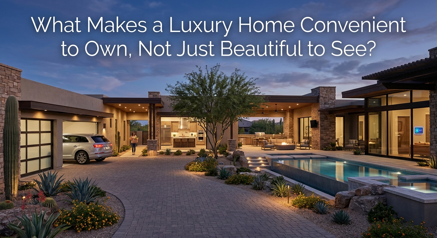 Arizona luxury home designed for convenient everyday living, featuring a spacious garage with direct kitchen access, organized storage, smart-home technology, shaded outdoor living areas, resort-style pool, desert landscaping, and thoughtfully designed interior spaces overlaid iwth text title: What Makes a Luxury Home Convenient to Own, Not Just Beautiful to See?  