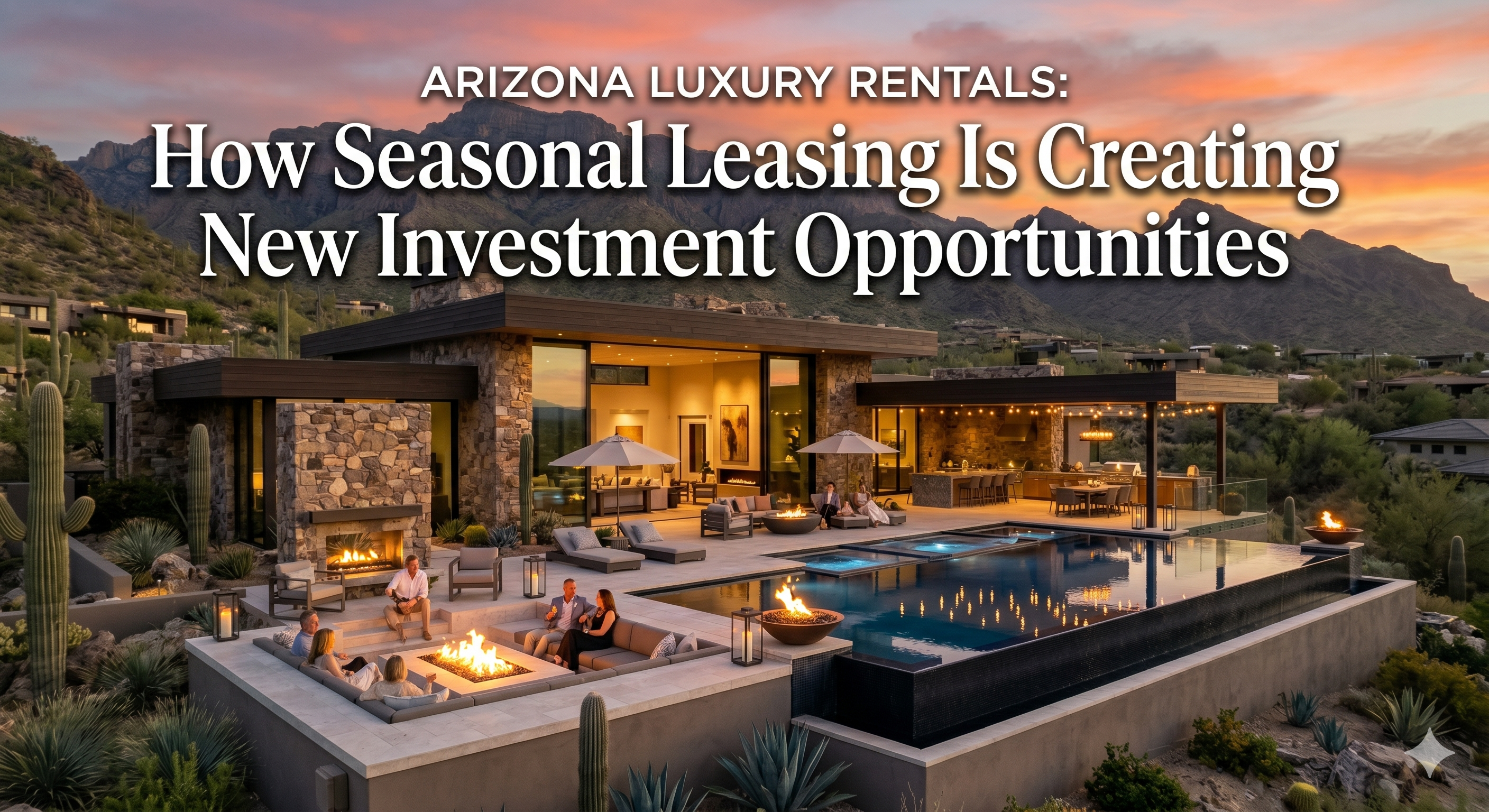 Luxury Scottsdale desert estate with resort-style pool, outdoor lounge, and mountain backdrop, representing seasonal high-end rental living in Arizona, overlaid with the text: “Arizona Luxury Rentals: How Seasonal Leasing Is Creating New Investment Opportunities”