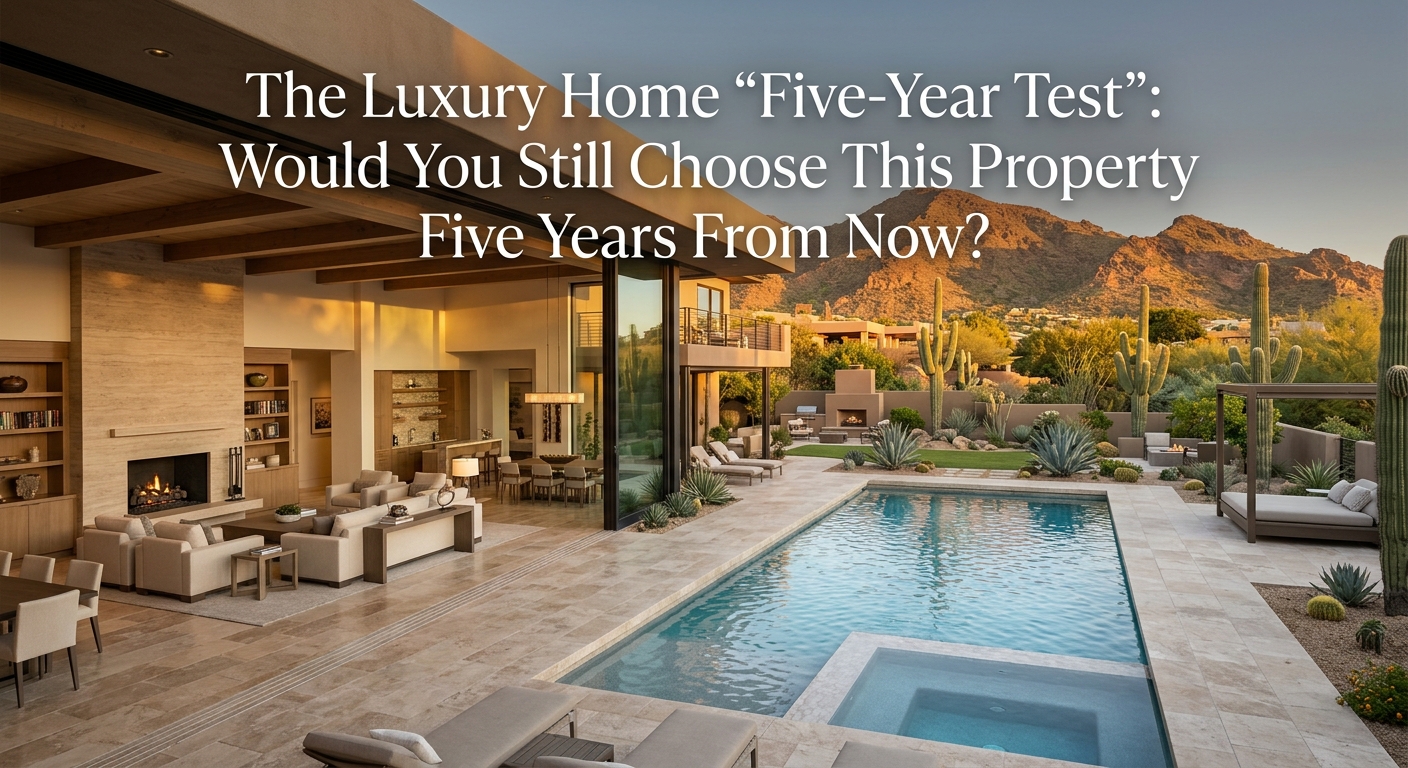 Arizona luxury home in Scottsdale or Paradise Valley viewed as a long-term lifestyle investment, featuring a sophisticated interior, flexible living spaces, resort-style pool, spacious desert landscaping, mountain views, and private outdoor areas, with overlaid text title: The Luxury Home “Five-Year Test”: Would You Still Choose This Property Five Years From Now? 