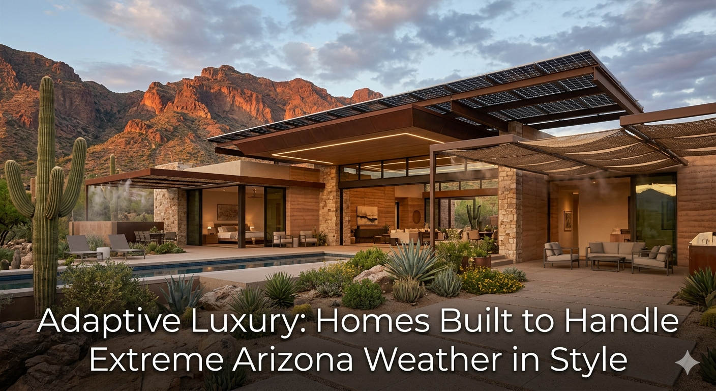 Modern Arizona luxury home designed for extreme desert weather, featuring shaded outdoor living spaces, sustainable landscaping, and climate-responsive architecture against a desert mountain backdrop, overlaid with the text: “Adaptive Luxury: Homes Built to Handle Extreme Arizona Weather in Style”