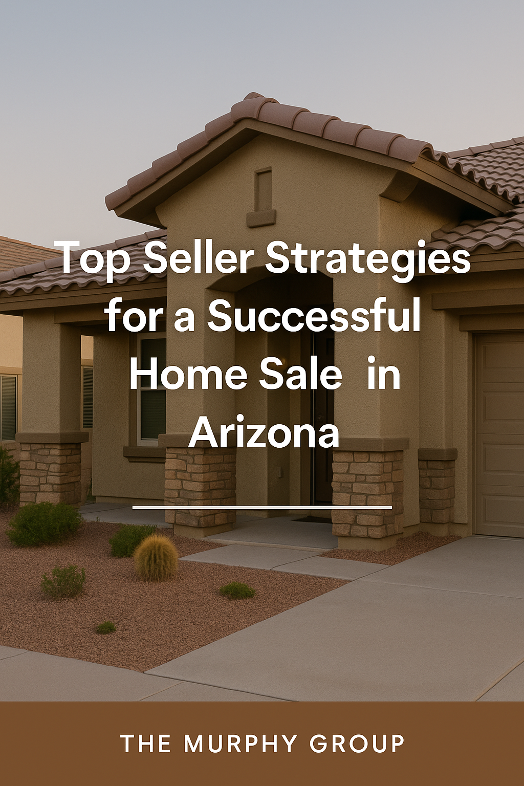 Modern Arizona home with desert landscaping and Spanish-style roof, featuring bold white text overlay reading 'Top Seller Strategies for a Successful Home Sale in Arizona' with The Murphy Group logo at the bottom