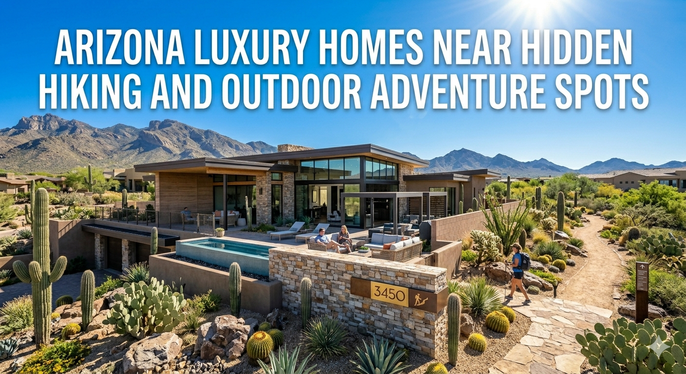 Luxury Arizona home in Scottsdale overlooking desert mountains with nearby hiking trail access, blending modern architecture with Sonoran Desert landscape, overlaid with the text: “Arizona Luxury Homes Near Hidden Hiking and Outdoor Adventure Spots”