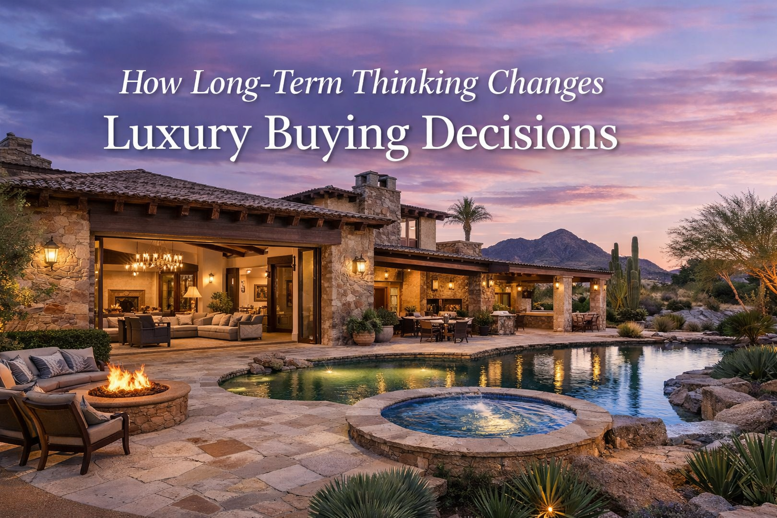 Arizona luxury home with timeless architecture and enduring indoor-outdoor design overlaid with text: How Long-Term Thinking Changes Luxury Buying Decisions