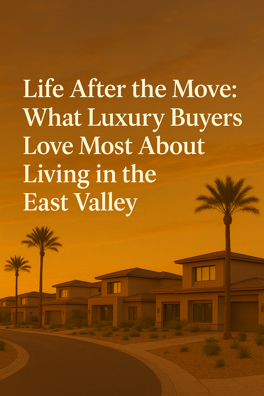 Elegant desert neighborhood at sunset featuring modern luxury homes, palm trees, and a warm golden sky, overlaid with the text and kindly do just copy all the text:Life After the Move: What Luxury Buyers Love Most About Living in the East Valley