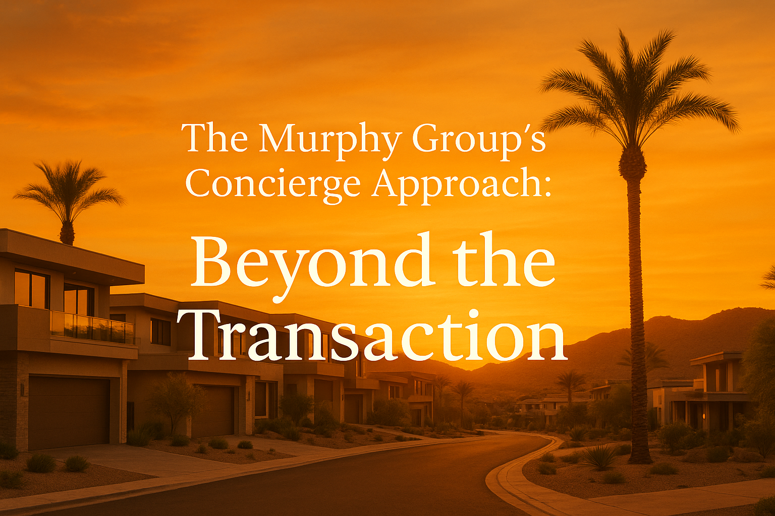 Elegant desert neighborhood at sunset featuring modern luxury homes, palm trees, and a warm golden sky, overlaid with the text:The Murphy Group’s Concierge Approach: Beyond the Transaction