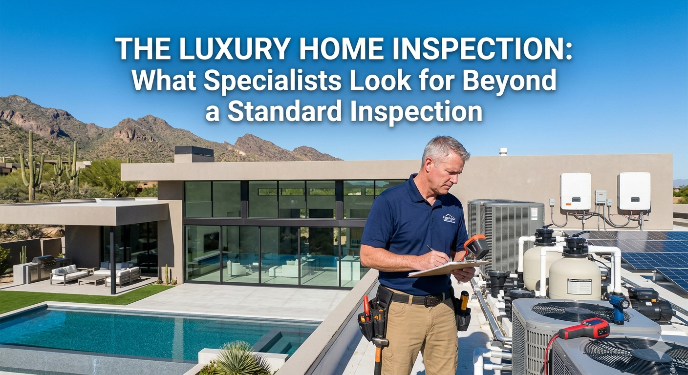  Luxury home inspector reviewing a high-end Arizona estate with modern architecture, large glass windows, pool systems, and mechanical equipment, highlighting detailed evaluation of construction quality and systems, overlaid with the text: “The Luxury Home Inspection: What Specialists Look for Beyond a Standard Inspection” 