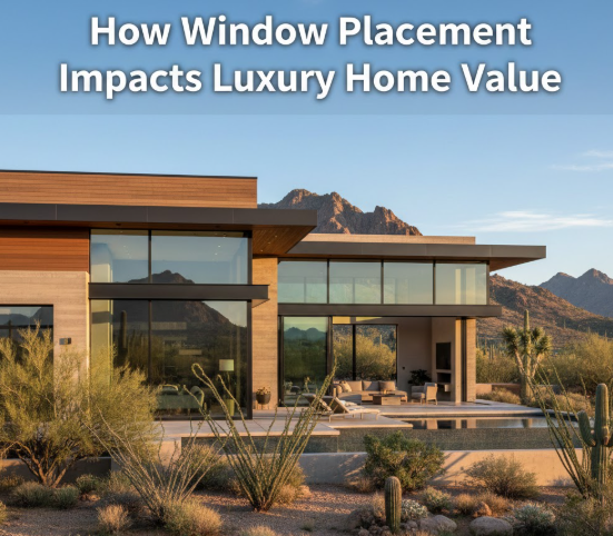 Arizona luxury home with expansive, strategically placed windows framing desert and mountain views overlaid with text: How Window Placement Impacts Luxury Home Value