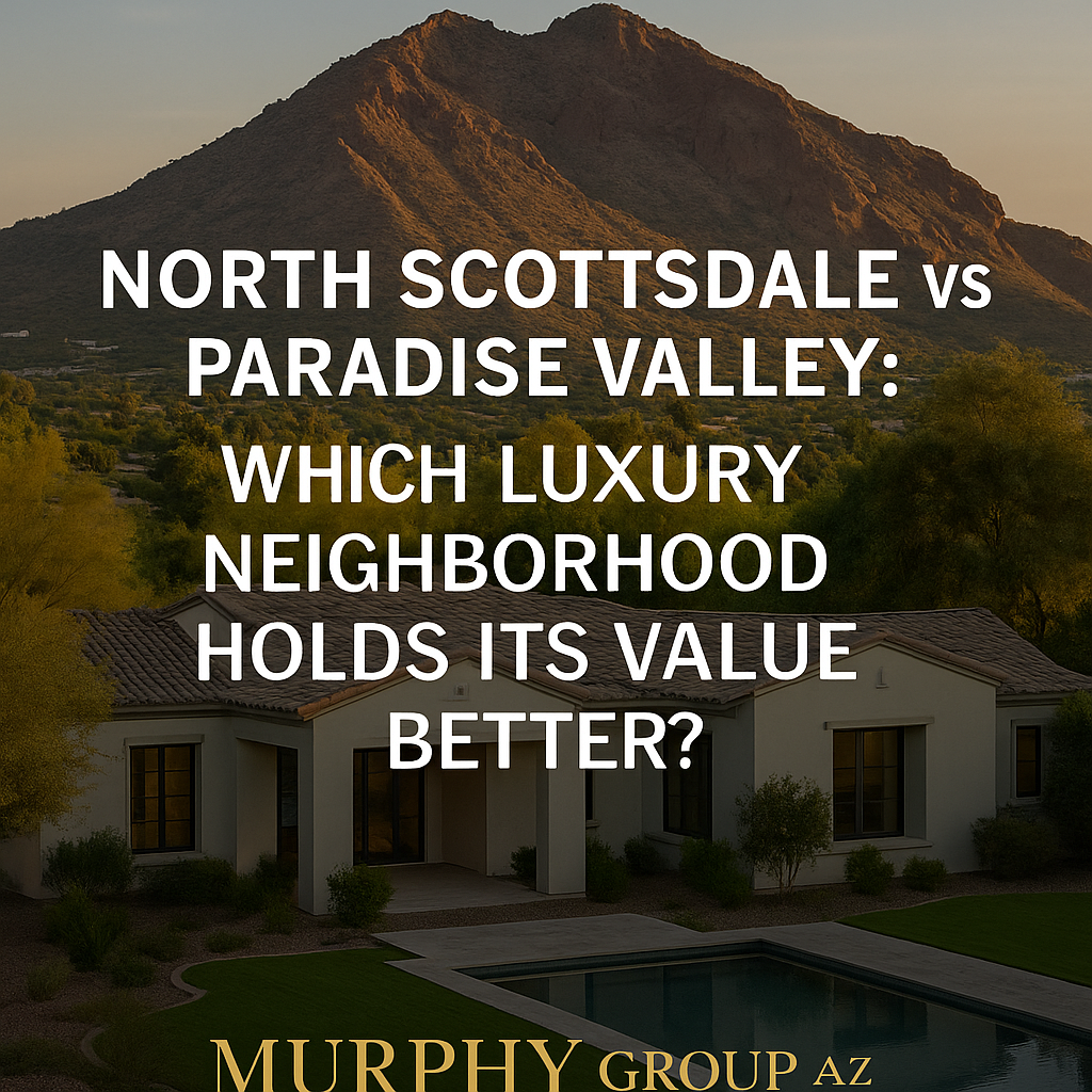 Modern luxury home in Paradise Valley with Camelback Mountain in the background at sunset, featuring elegant desert architecture, warm golden light, and “Murphy Group AZ” branding — representing a comparison between North Scottsdale and Paradise Valley real estate values.