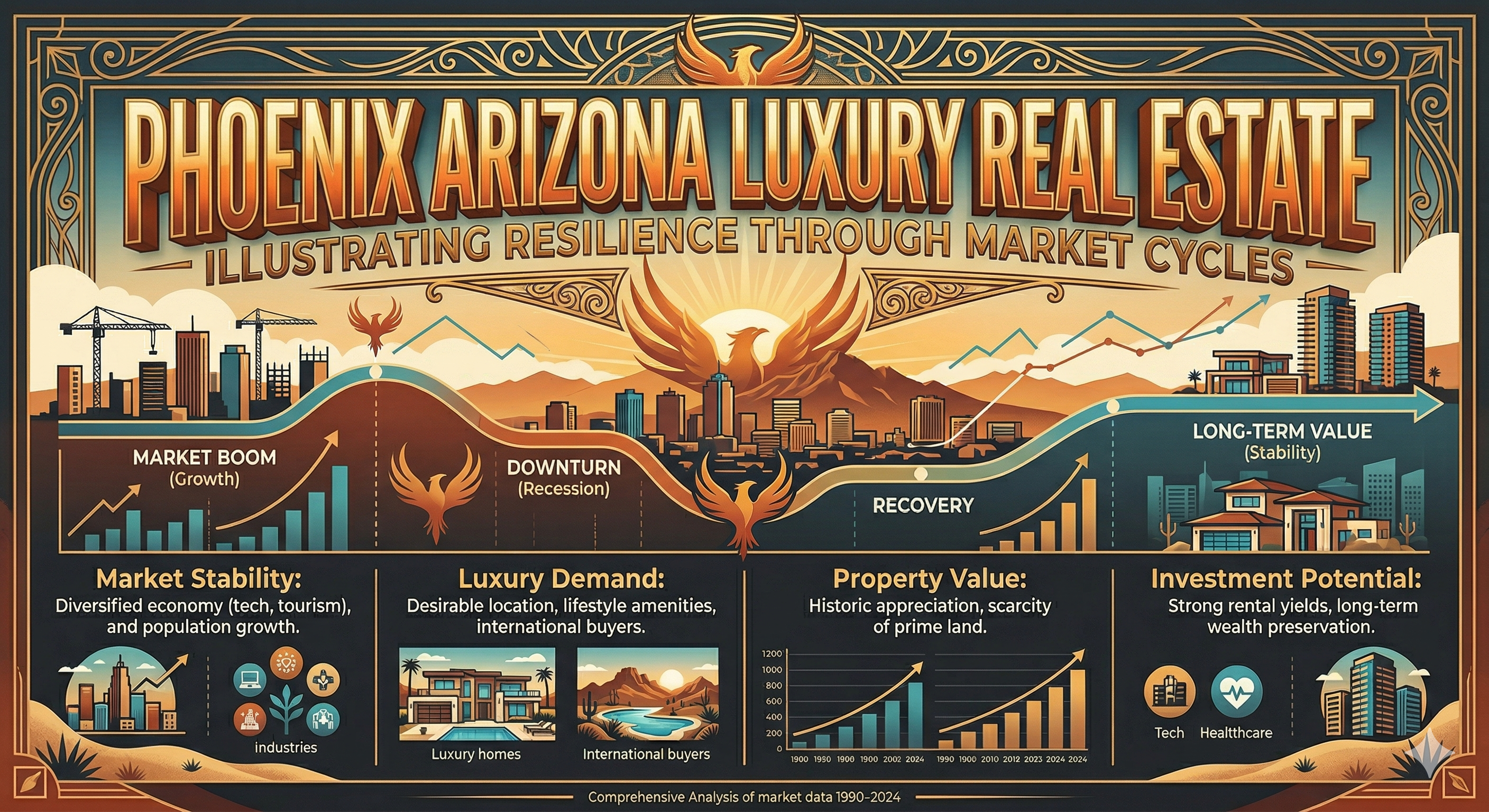 Phoenix Arizona luxury real estate illustrating resilience through market cycles overlaid with text:  Phoenix Arizona luxury real estate illustrating resilience through market cycles