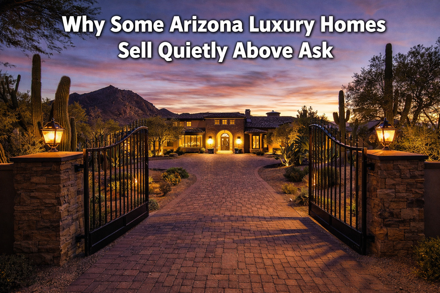 Elegant luxury estate in Paradise Valley viewed through private gates at dusk, with warm interior lighting and desert landscaping overlaid with the text: Why Some Arizona Luxury Homes Sell Quietly Above Ask