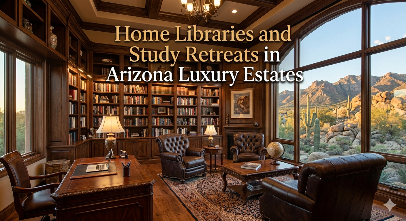 Elegant Arizona luxury estate featuring a private home library with floor-to-ceiling bookshelves, custom wood cabinetry, leather seating, large windows overlooking desert mountain views, and a sophisticated study retreat atmosphere, overlaid with the text: “Home Libraries and Study Retreats in Arizona Luxury Estates” 