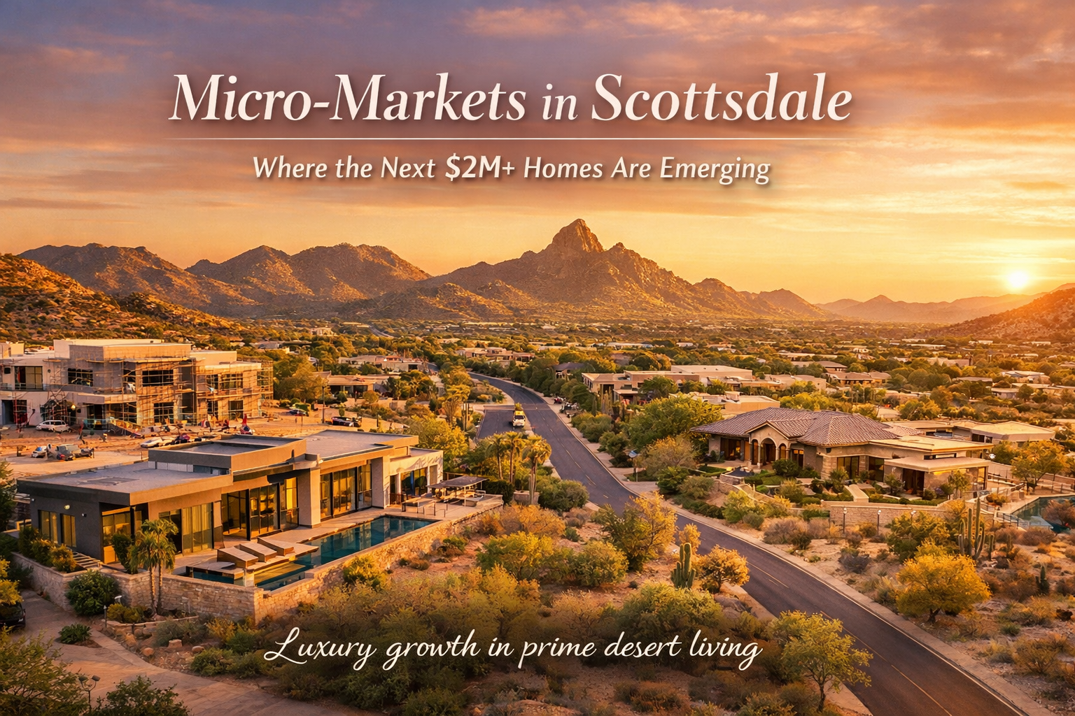 Scottsdale luxury streetscape showing new development, upgraded estates, and premium desert vistas overlaid with text: Micro‑Markets in Scottsdale: Where the Next $2M+ Homes Are Emerging