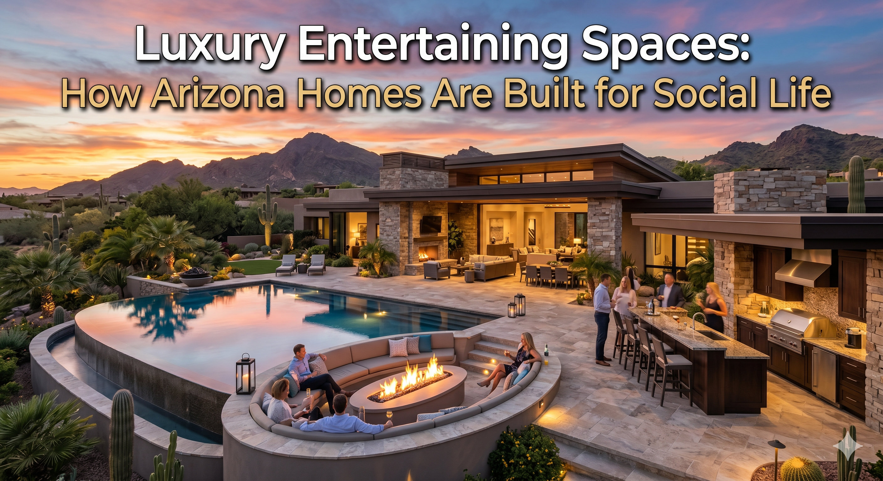 Luxury Paradise Valley home with expansive outdoor entertaining area, featuring a resort-style pool, fire pit, outdoor kitchen, and lounge seating at sunset, overlaid with the text: “Luxury Entertaining Spaces: How Arizona Homes Are Built for Social Life”