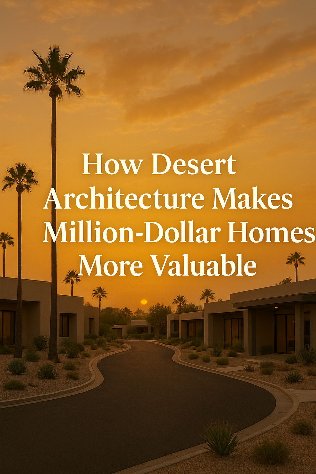 Elegant desert neighborhood at sunset featuring modern luxury homes, palm trees, and a warm golden sky, overlaid with the text:How Desert Architecture Makes Million-Dollar Homes More Valuable