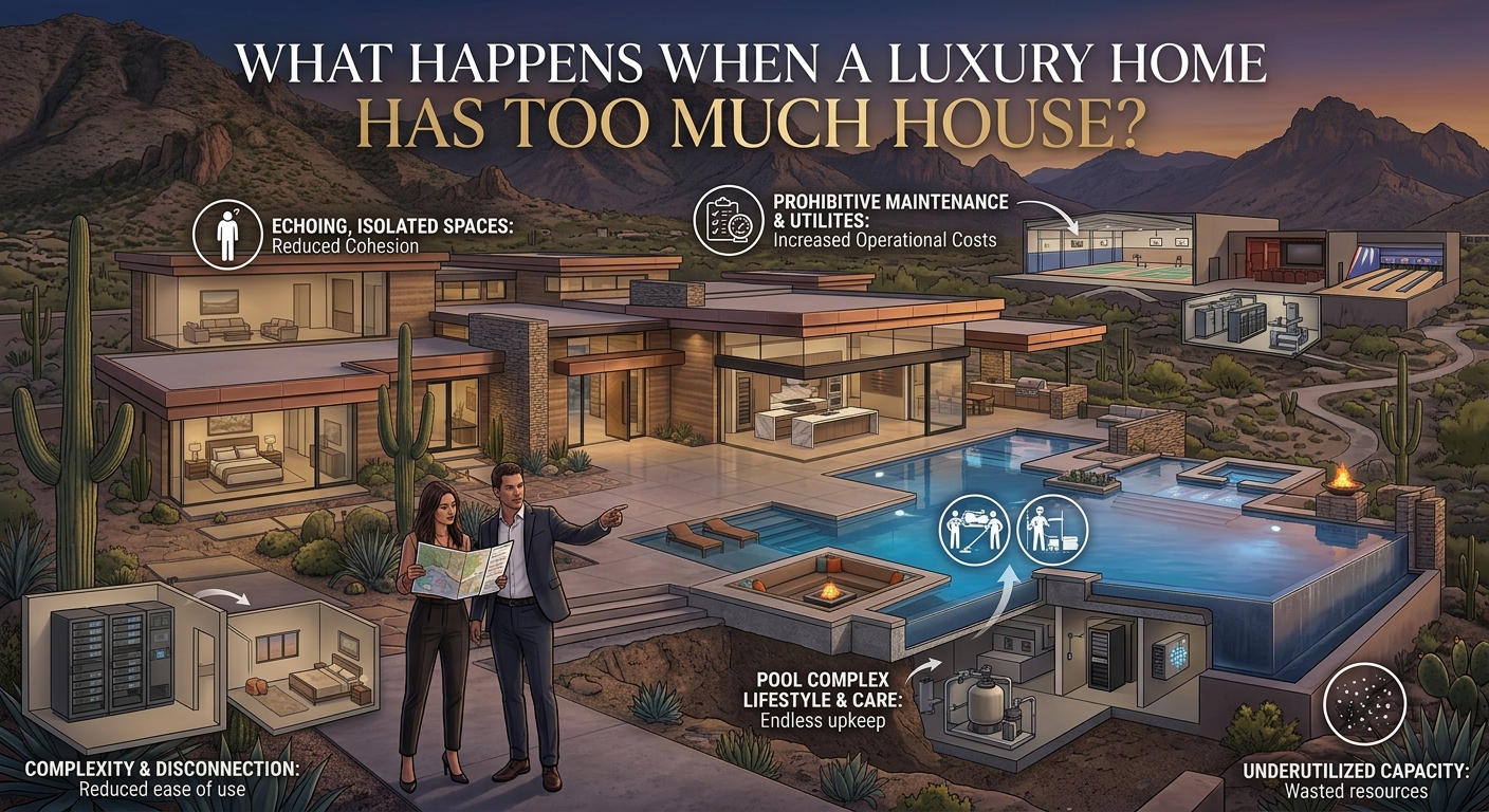 Expansive Arizona luxury home with multiple living spaces, resort-style pool, large landscaped grounds, and mountain views, illustrating how excessive square footage can affect luxury home livability, maintenance, and lifestyle value with text: What Happens When a Luxury Home Has Too Much House? 