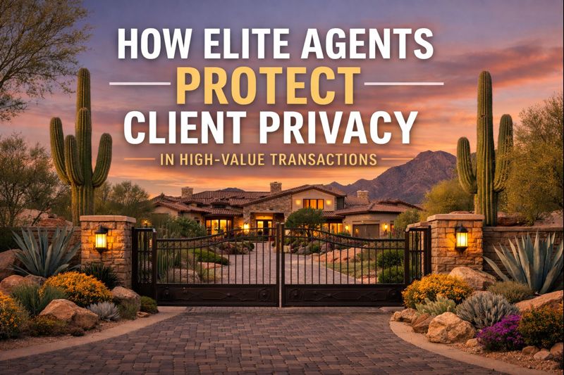 Gated Arizona luxury estate with private entry and desert landscaping, overlaid with the text: “HOW ELITE AGENTS PROTECT CLIENT PRIVACY IN HIGH-VALUE TRANSACTIONS”