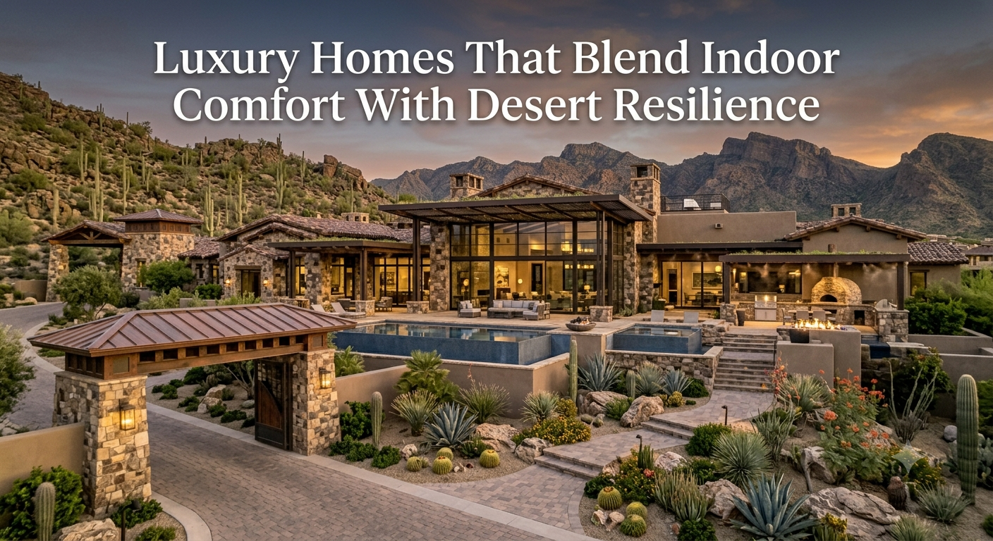 Modern Arizona luxury home featuring floor-to-ceiling glass, shaded outdoor living spaces, desert landscaping, natural stone architecture, and mountain views, showcasing climate-responsive design that blends indoor comfort with desert resilience, overlaid with the text: “Luxury Homes That Blend Indoor Comfort With Desert Resilience 