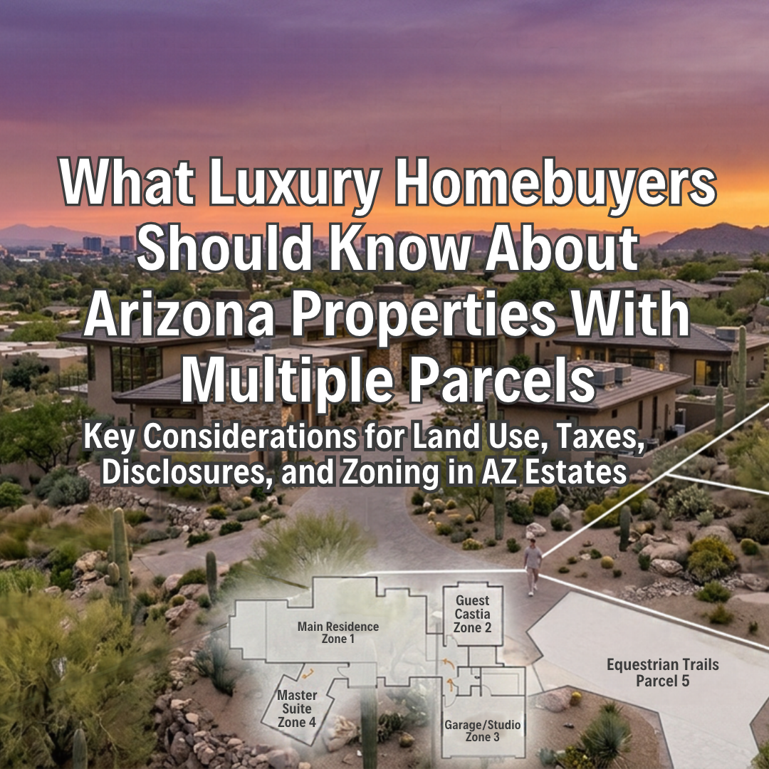 Arizona luxury estate with an expansive residence, landscaped grounds, and adjoining parcels of land representing a multi-parcel property overlaid with text: What Luxury Homebuyers Should Know About Arizona Properties With Multiple Parcels