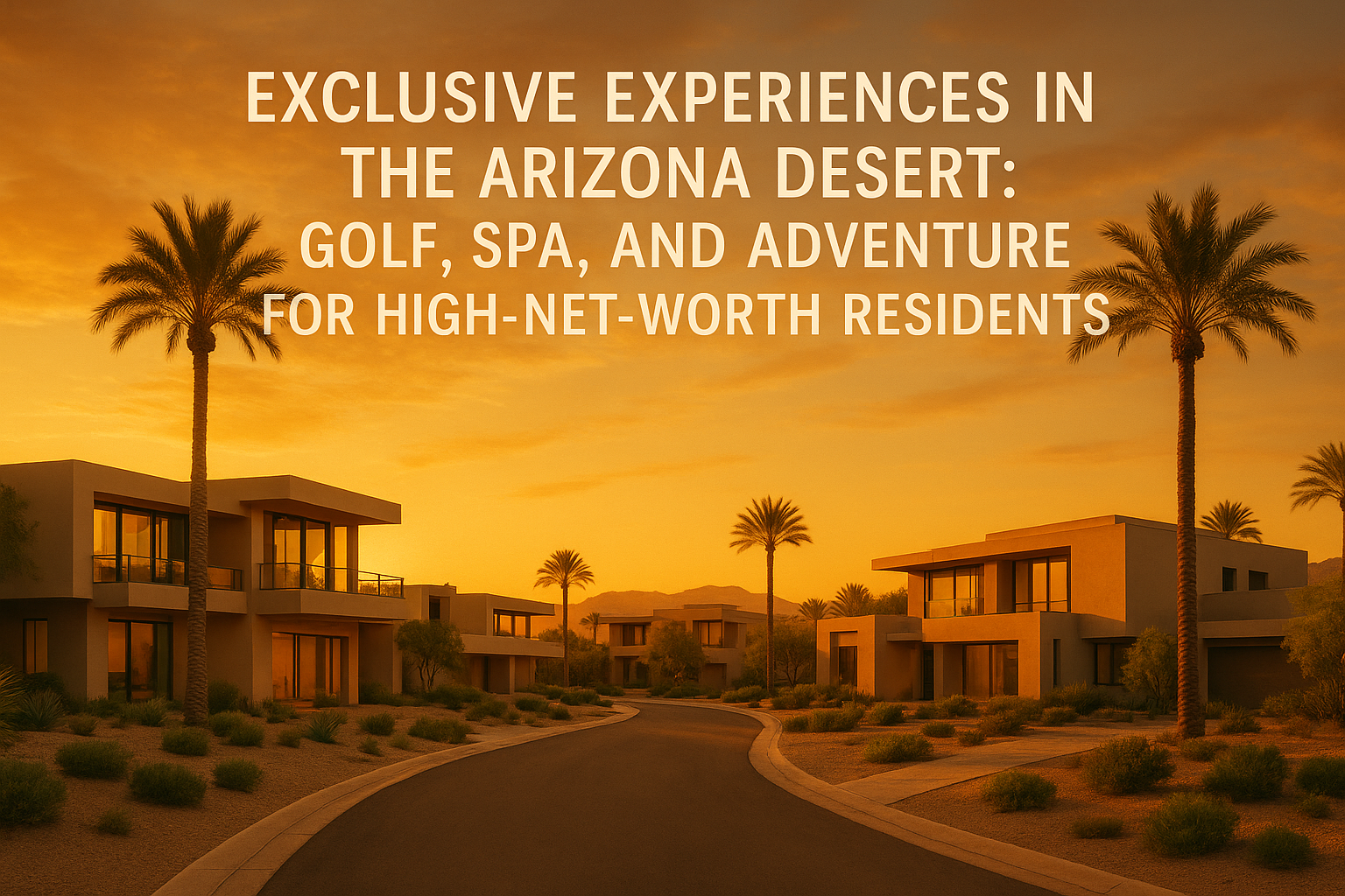 Elegant desert neighborhood at sunset featuring modern luxury homes, palm trees, and a warm golden sky, overlaid with the text:Exclusive Experiences in the Arizona Desert: Golf, Spa, and Adventure for High-Net-Worth Residents