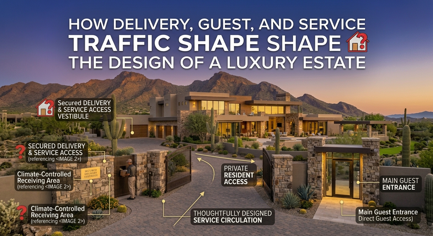 Elegant Arizona luxury estate with separate guest, delivery, and service access areas designed for privacy and efficient household circulation overlaid with text: How Delivery, Guest, and Service Traffic Shape the Design of a Luxury Estate