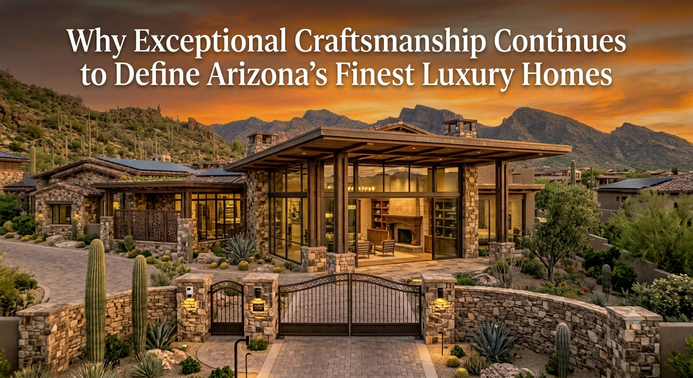 Elegant Arizona luxury home showcasing handcrafted stonework, custom wood millwork, floor-to-ceiling windows, premium finishes, and refined architectural details, illustrating exceptional craftsmanship in modern desert luxury living, overlaid with the text: “Why Exceptional Craftsmanship Continues to Define Arizona's Finest Luxury Homes” 