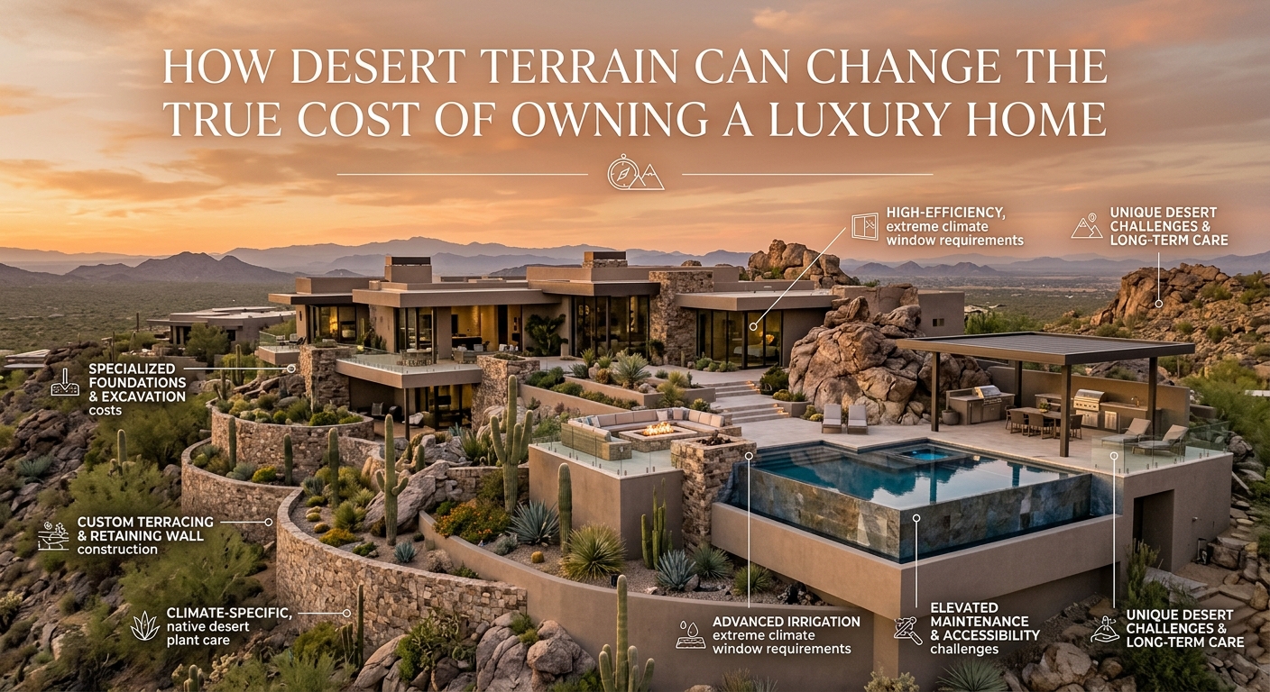 Arizona luxury hillside estate built into dramatic desert terrain with natural rock formations, terraced landscaping, retaining walls, expansive outdoor living spaces, and panoramic mountain views, illustrating how desert terrain can influence the true cost and experience of luxury home ownership overlaid with text: How Desert Terrain Can Change the True Cost of Owning a Luxury Home 