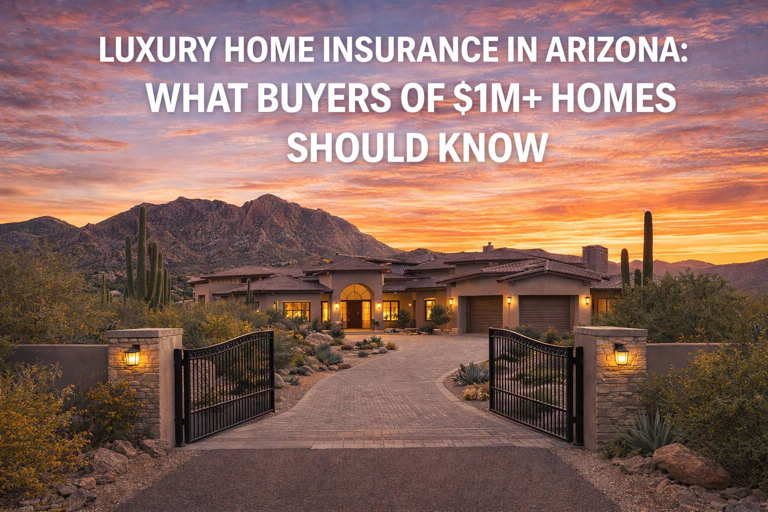 Gated Scottsdale luxury home with desert landscaping, overlaid with the text: “LUXURY HOME INSURANCE IN ARIZONA: WHAT BUYERS OF $1M+ HOMES SHOULD KNOW”