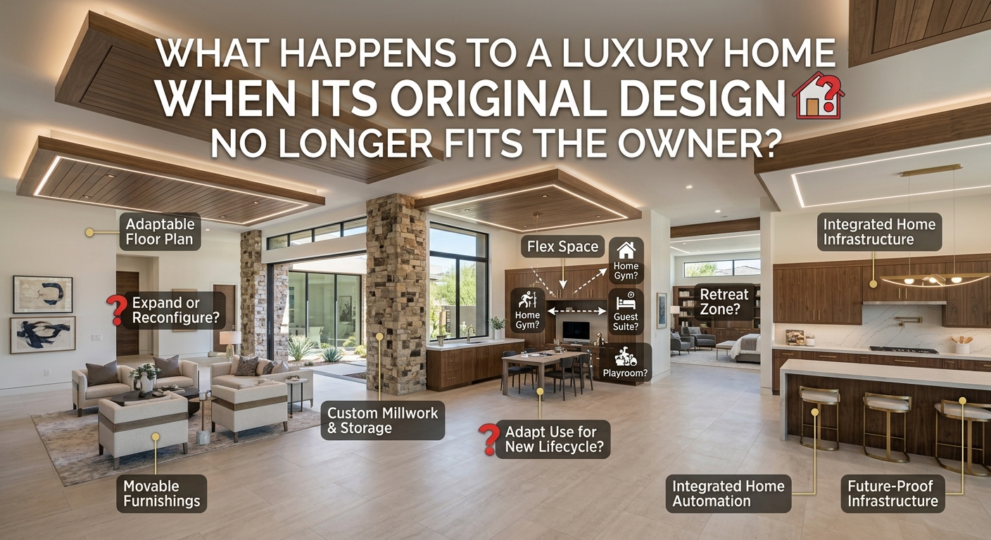  Elegant Arizona luxury home interior with flexible living spaces, sophisticated architecture, and adaptable design for changing homeowner lifestyles overlaid with text: What Happens to a Luxury Home When Its Original Design No Longer Fits the Owner?