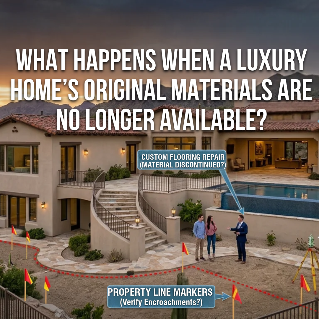Arizona luxury home featuring custom natural stone flooring, handcrafted wood cabinetry, and  distinctive architectural finishes, illustrating the challenges of repairing or replacing  discontinued original building materials. overlaid with text:What Happens When a Luxury Home’s Original Materials Are No Longer Available?