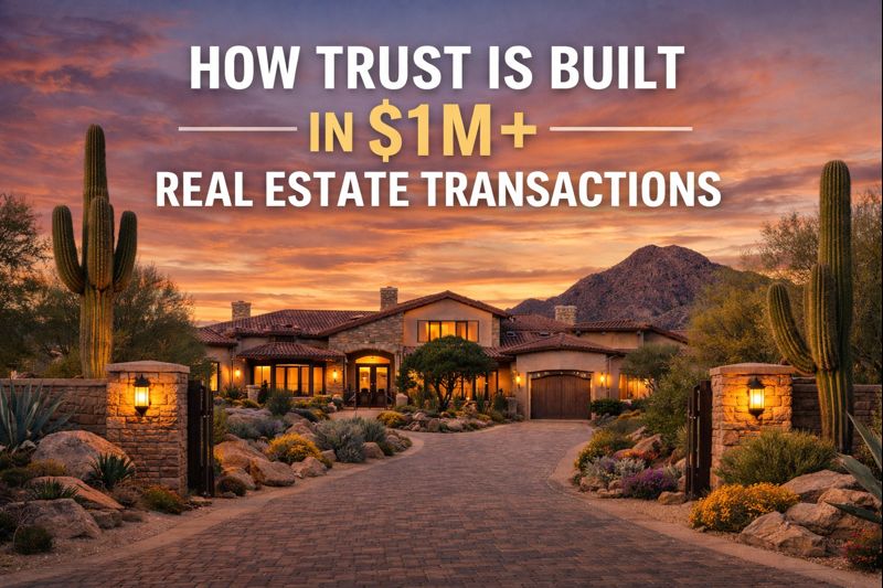 Arizona luxury home with elegant architecture and private setting, overlaid with the text: “HOW TRUST IS BUILT IN $1M+ REAL ESTATE TRANSACTIONS”